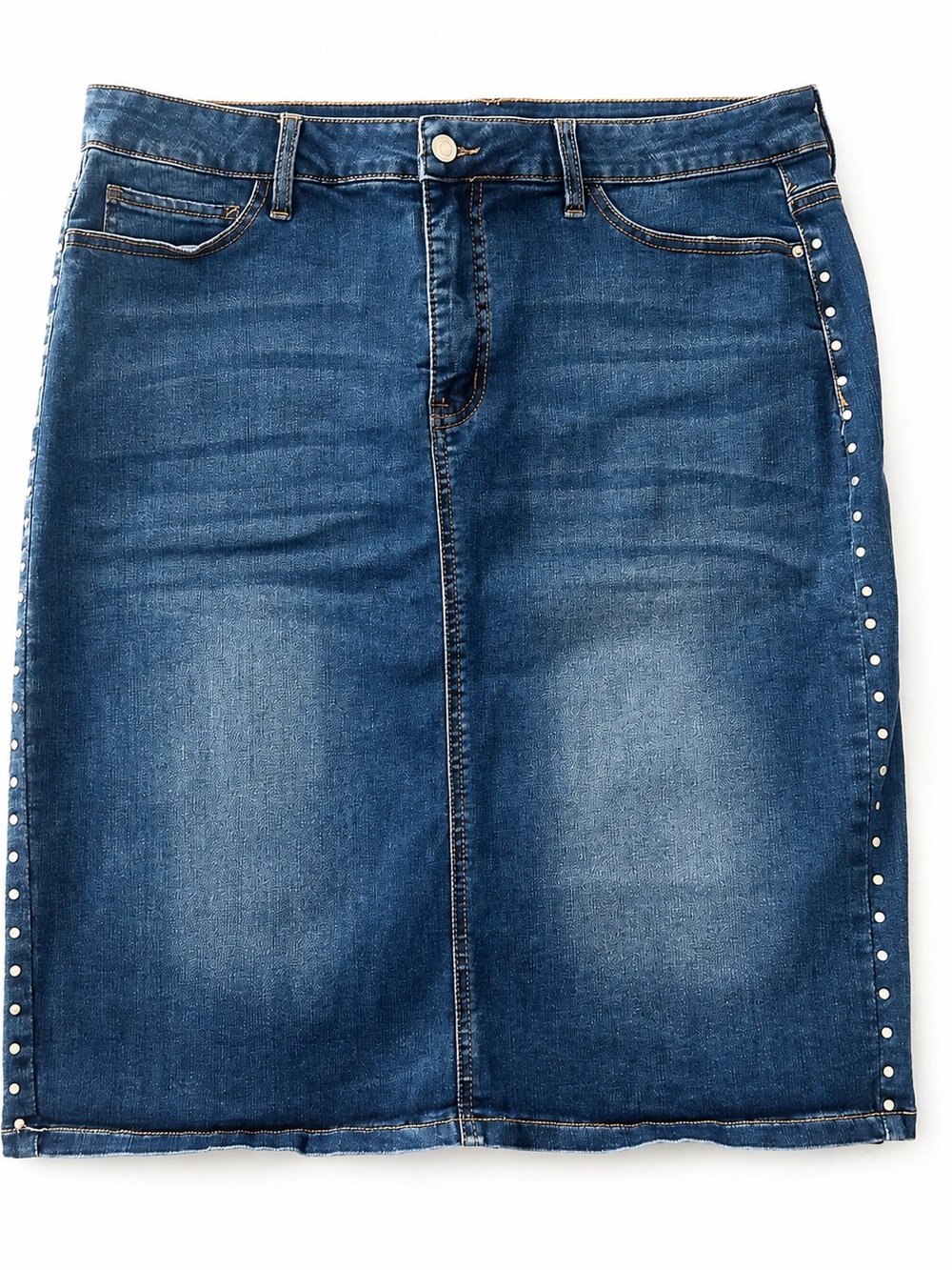 Style Me Womens Denim Pencil Skirt Blue Pockets Studded Medium Wash Zip 14